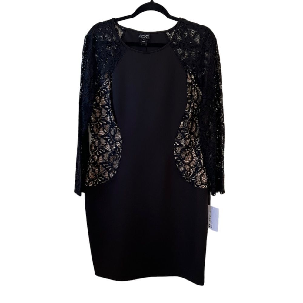 NWT EnFocus Studio Black Lace Bodycon Illusion Dress Long Sleeve Sz 14